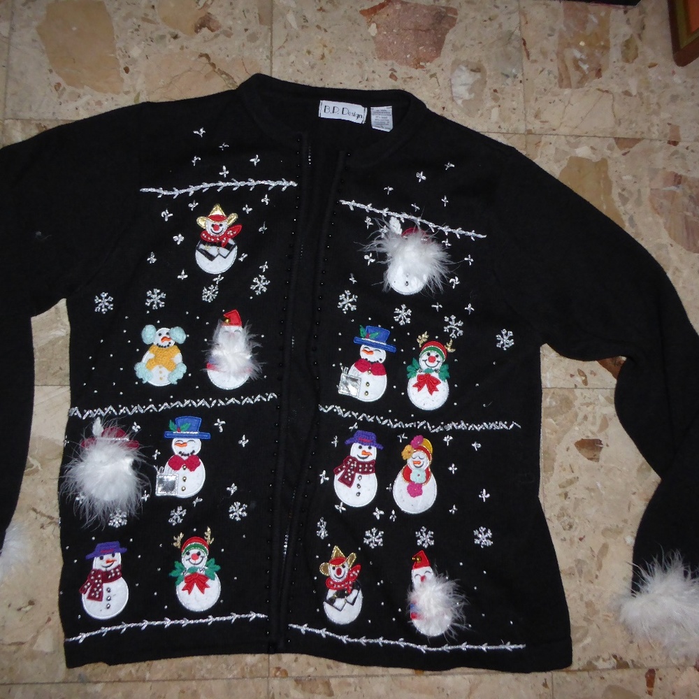 SNOWMEN NOVELTY HOLIDAY SWEATER BLACK WITH FLUFF ON CUFFS FANCY XL